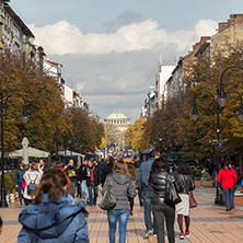 SOFIA, BULGARIA -NOVEMBER 12, 2017: Walking people on Boulevard Vitosha in city of Sofia, Bulgaria