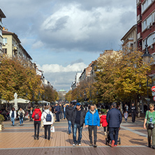 SOFIA, BULGARIA -NOVEMBER 12, 2017: Walking people on Boulevard Vitosha in city of Sofia, Bulgaria
