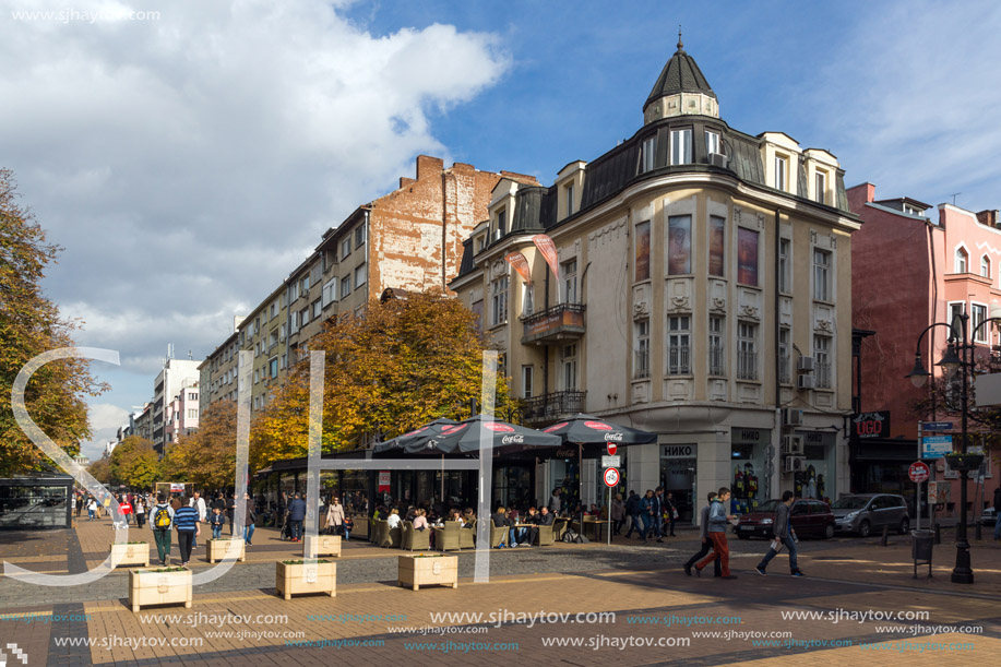SOFIA, BULGARIA -NOVEMBER 12, 2017: Walking people on Boulevard Vitosha in city of Sofia, Bulgaria