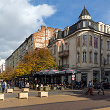 SOFIA, BULGARIA -NOVEMBER 12, 2017: Walking people on Boulevard Vitosha in city of Sofia, Bulgaria