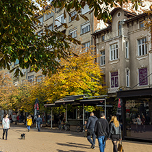 SOFIA, BULGARIA -NOVEMBER 12, 2017: Walking people on Boulevard Vitosha in city of Sofia, Bulgaria
