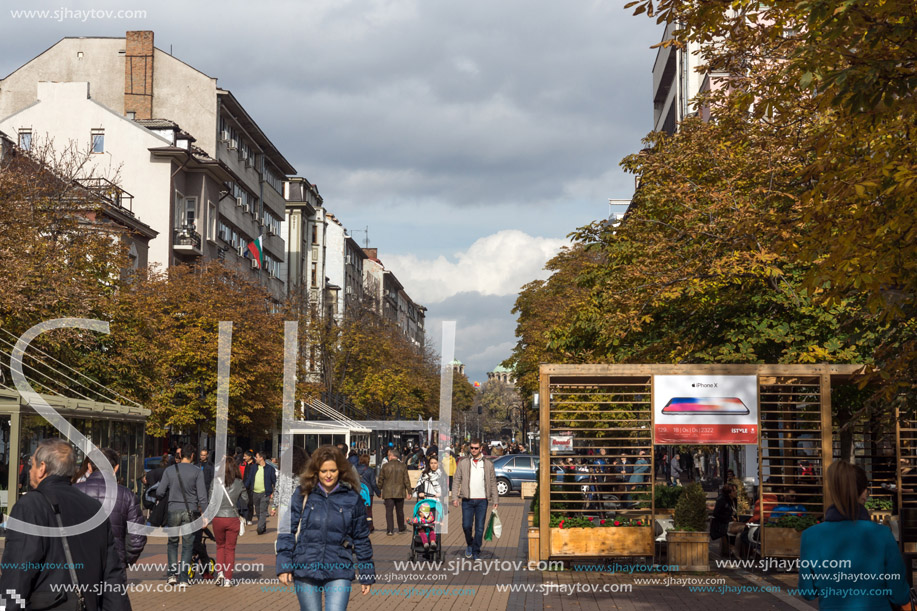 SOFIA, BULGARIA -NOVEMBER 12, 2017: Walking people on Boulevard Vitosha in city of Sofia, Bulgaria