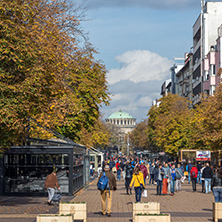 SOFIA, BULGARIA -NOVEMBER 12, 2017: Walking people on Boulevard Vitosha in city of Sofia, Bulgaria
