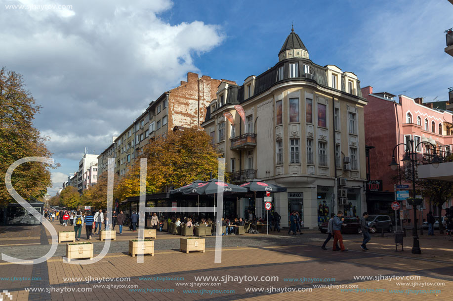 SOFIA, BULGARIA -NOVEMBER 12, 2017: Walking people on Boulevard Vitosha in city of Sofia, Bulgaria