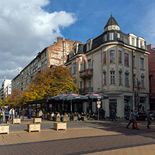 SOFIA, BULGARIA -NOVEMBER 12, 2017: Walking people on Boulevard Vitosha in city of Sofia, Bulgaria