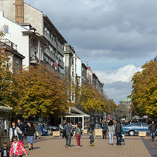 SOFIA, BULGARIA -NOVEMBER 12, 2017: Walking people on Boulevard Vitosha in city of Sofia, Bulgaria
