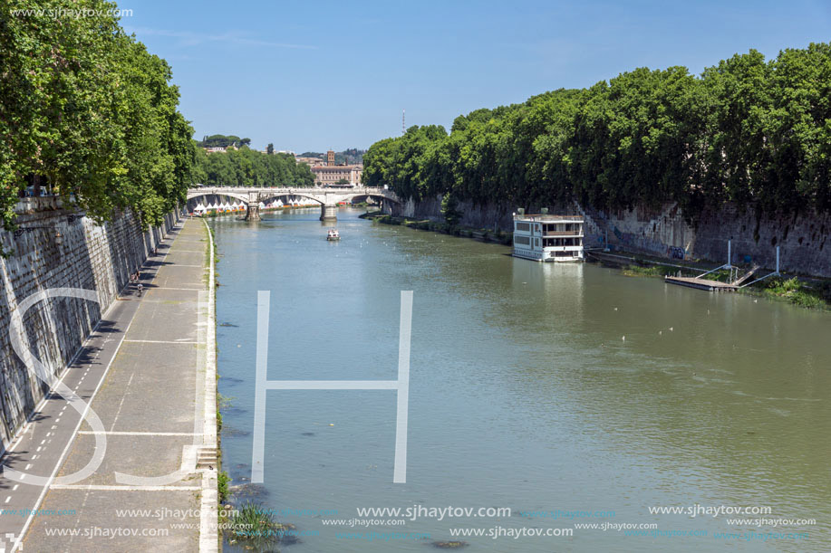 ROME, ITALY - JUNE 22, 2017: Amazing Panoramic view of Tiber River in city of Rome, Italy