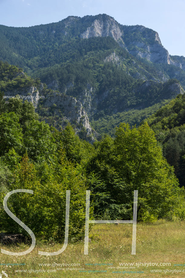 Amazing Landscape of The Red Wall peak near Bachkovo Monastery in Rhodope Mountains, Plovdiv Region, Bulgaria