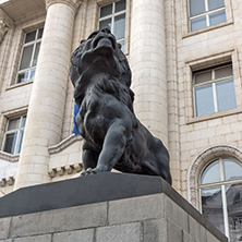 SOFIA, BULGARIA -NOVEMBER 12, 2017: Statue of the Lion of the Palace Of Justice in city of Sofia, Bulgaria