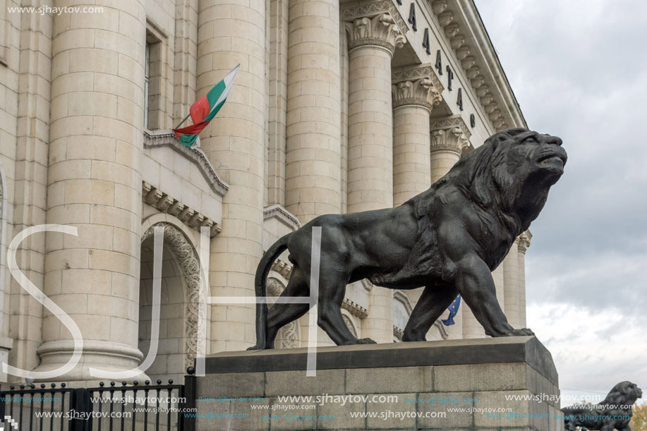 SOFIA, BULGARIA -NOVEMBER 12, 2017: Statue of the Lion of the Palace Of Justice in city of Sofia, Bulgaria