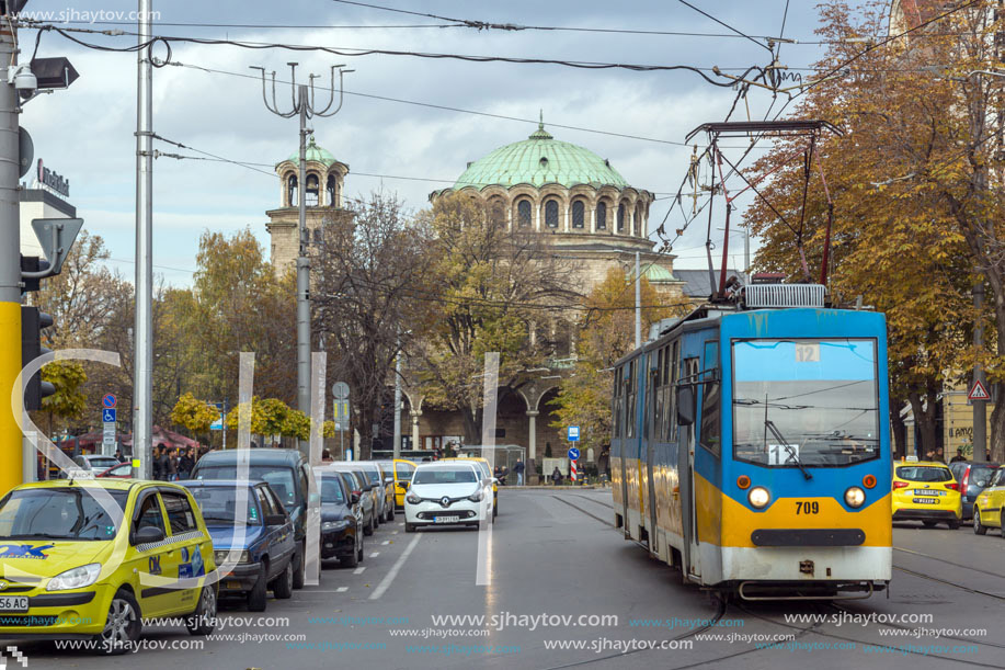 SOFIA, BULGARIA -NOVEMBER 12, 2017: Walking people on Boulevard Vitosha in city of Sofia, Bulgaria