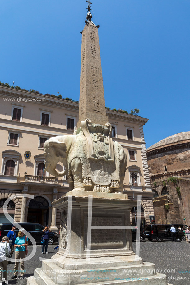 ROME, ITALY - JUNE 23, 2017: Panorama with Elephant Obelisk and Pantheon in city of Rome, Italy