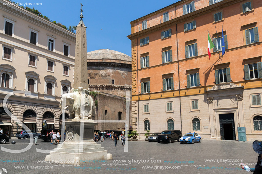 ROME, ITALY - JUNE 23, 2017: Panorama with Elephant Obelisk and Pantheon in city of Rome, Italy