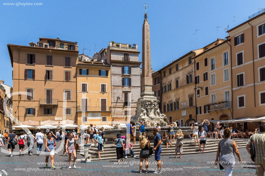 ROME, ITALY - JUNE 23, 2017: People in front of Fountain in front of Pantheon in city of Rome, Italy