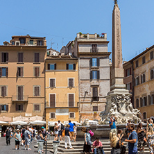 ROME, ITALY - JUNE 23, 2017: People in front of Fountain in front of Pantheon in city of Rome, Italy