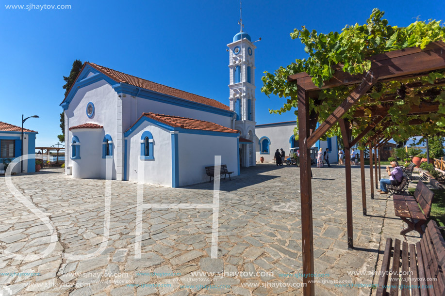 PORTO LAGOS, GREECE - SEPTEMBER 23, 2017:  Saint Nicholas Monastery located on two islands in Porto Lagos, East Macedonia and Thrace, Greece