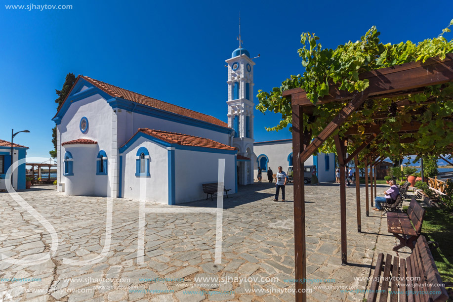 PORTO LAGOS, GREECE - SEPTEMBER 23, 2017:  Saint Nicholas Monastery located on two islands in Porto Lagos, East Macedonia and Thrace, Greece
