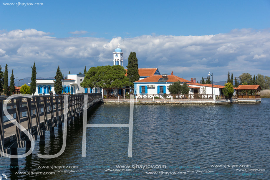 PORTO LAGOS, GREECE - SEPTEMBER 23, 2017:  Saint Nicholas Monastery located on two islands in Porto Lagos, East Macedonia and Thrace, Greece