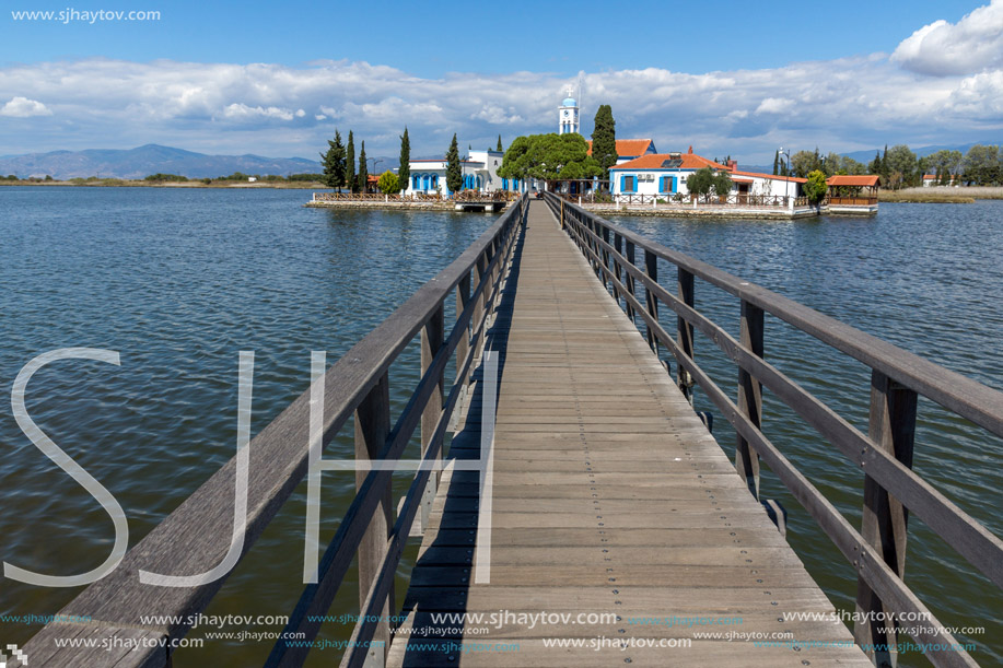PORTO LAGOS, GREECE - SEPTEMBER 23, 2017:  Saint Nicholas Monastery located on two islands in Porto Lagos, East Macedonia and Thrace, Greece