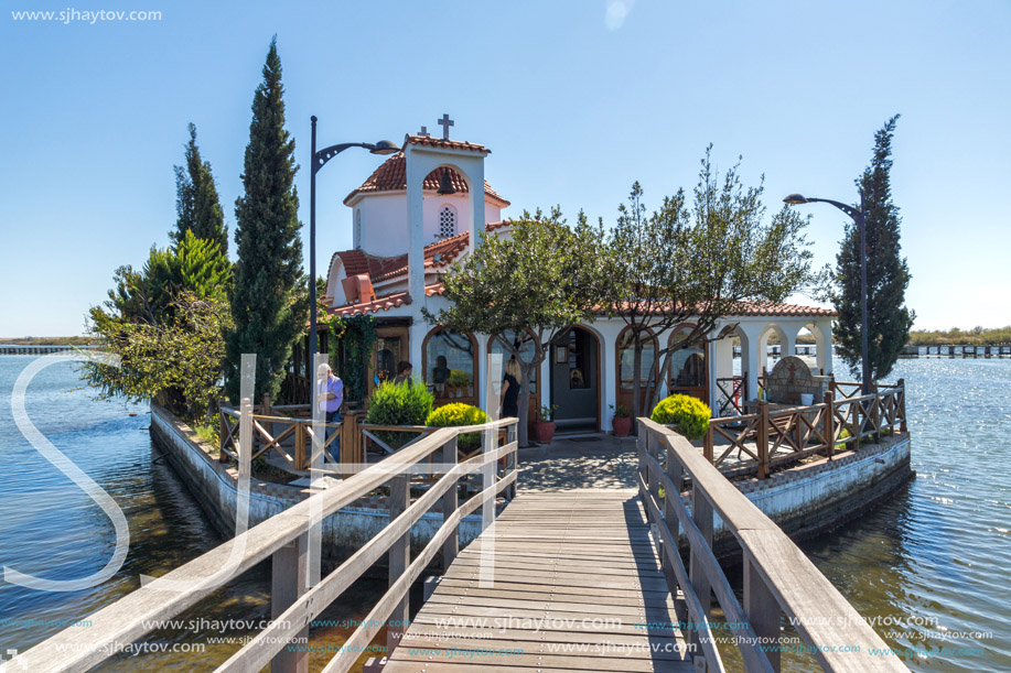PORTO LAGOS, GREECE - SEPTEMBER 23, 2017:  Saint Nicholas Monastery located on two islands in Porto Lagos, East Macedonia and Thrace, Greece