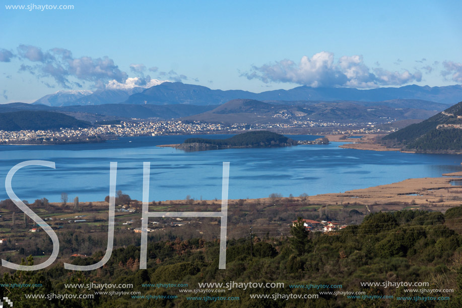 Amazing panoramic Landscape of Lake Pamvotida, Pindus mountain and city of Ioannina, Epirus, Greece