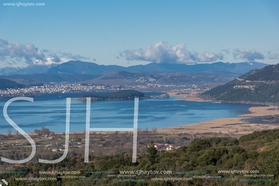 Amazing panoramic Landscape of Lake Pamvotida, Pindus mountain and city of Ioannina, Epirus, Greece