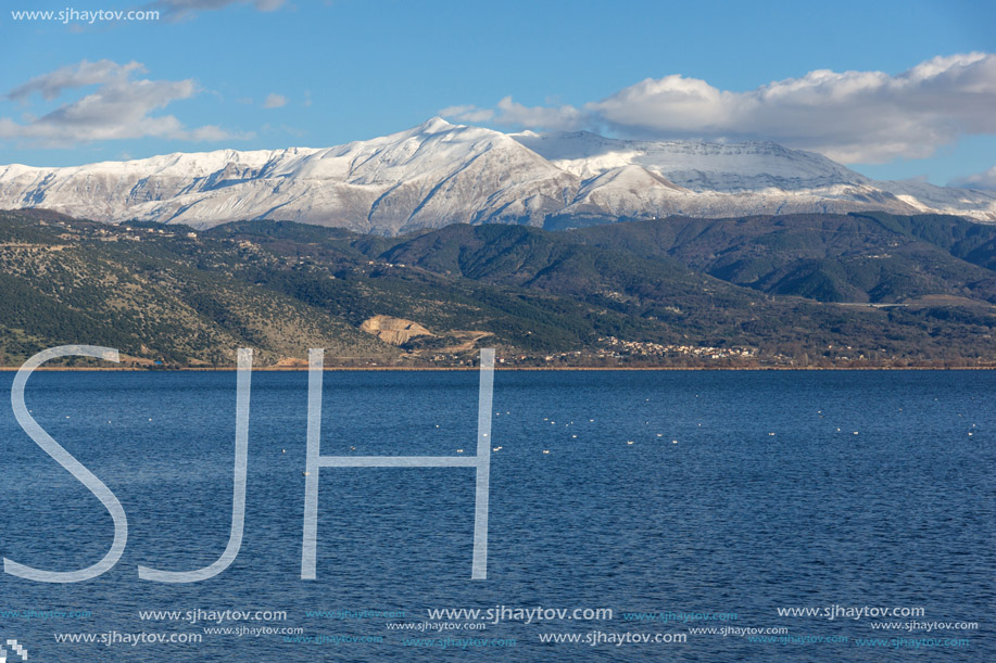 Amazing panoramic Landscape of Lake Pamvotida, Pindus mountain and city of Ioannina, Epirus, Greece