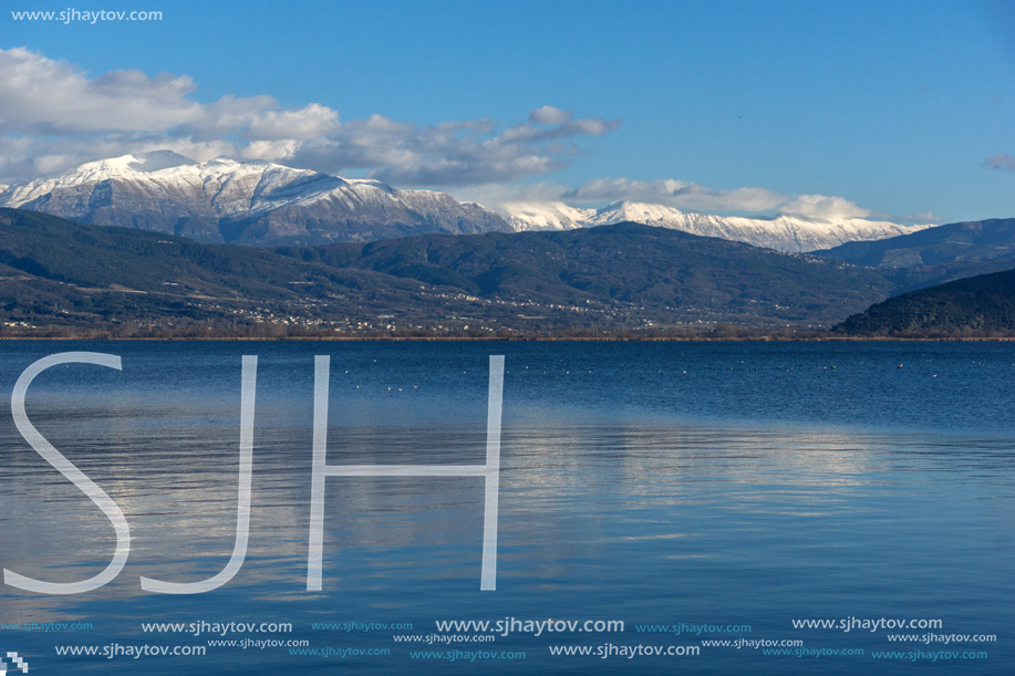 Amazing panoramic Landscape of Lake Pamvotida, Pindus mountain and city of Ioannina, Epirus, Greece