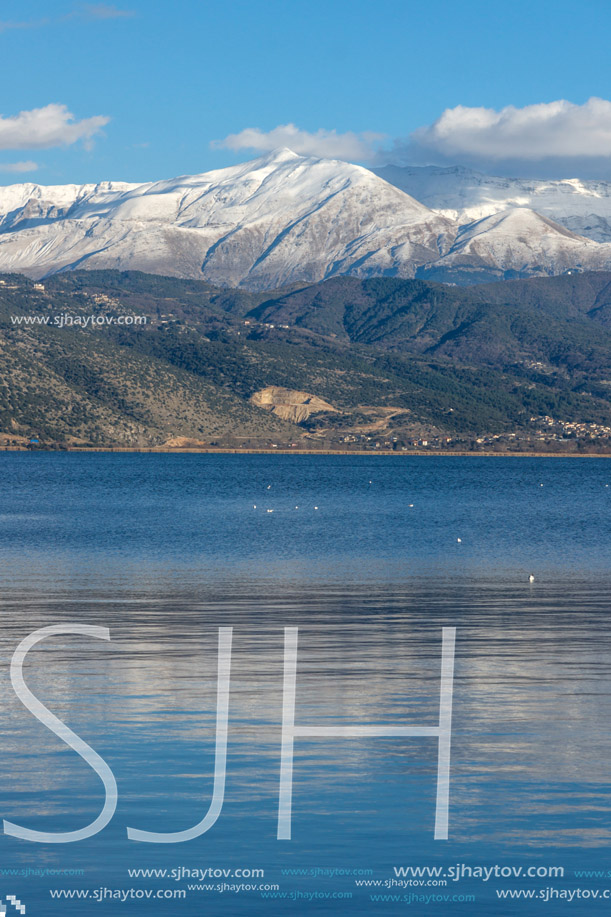 Amazing panoramic Landscape of Lake Pamvotida, Pindus mountain and city of Ioannina, Epirus, Greece