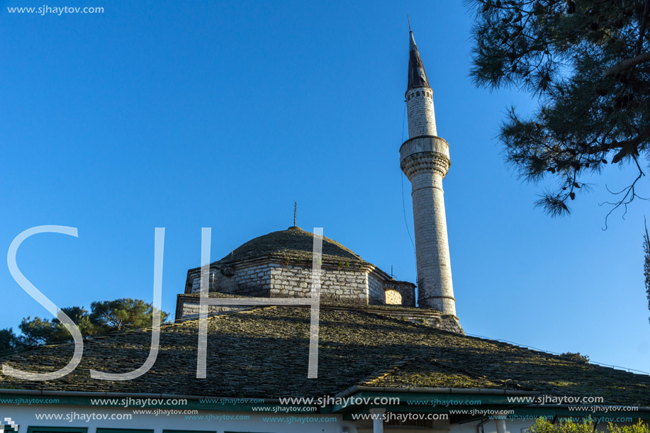 Amazing Sunset view of Aslan Pasha Mosque in castle of city of Ioannina, Epirus, Greece