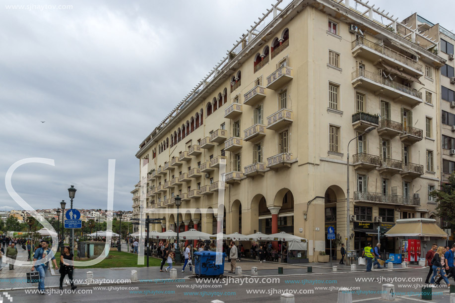 THESSALONIKI, GREECE - SEPTEMBER 30, 2017: People  walking at Aristotelous Square  in the center of city of Thessaloniki, Central Macedonia, Greece
