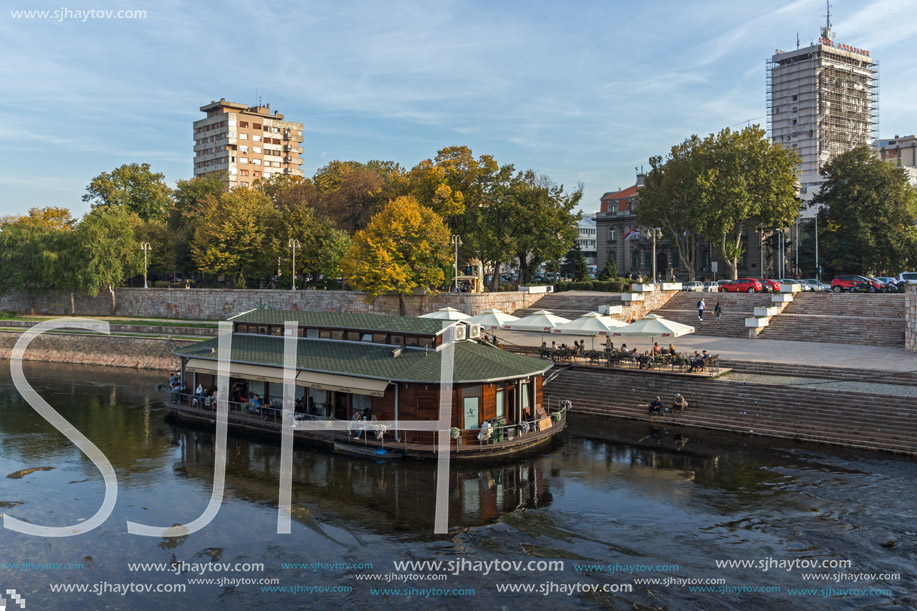 NIS, SERBIA- OCTOBER 21, 2017: Panoramic view of City of Nis and Bridge over Nisava River, Serbia