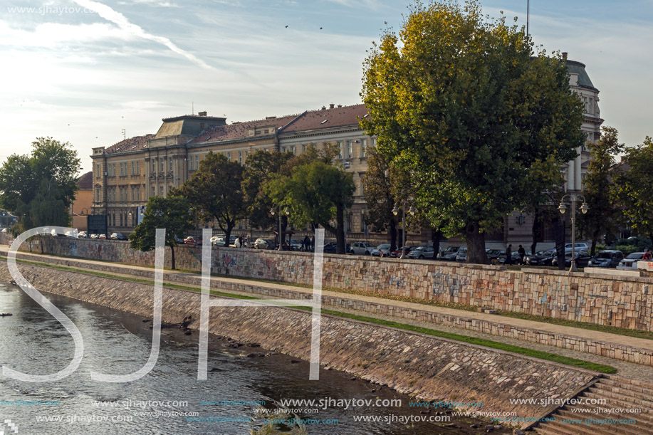 NIS, SERBIA- OCTOBER 21, 2017: Panoramic view of City of Nis and Bridge over Nisava River, Serbia