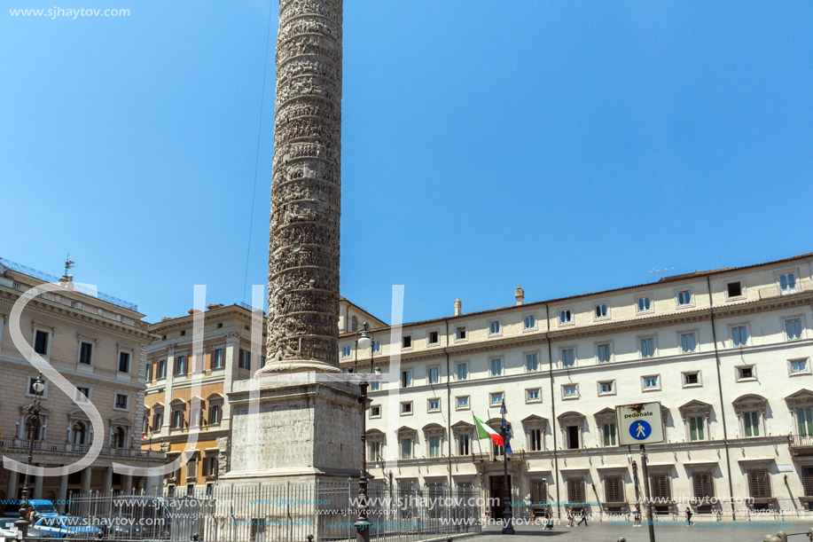 ROME, ITALY - JUNE 23, 2017: Amazing view of Marcus Aurelius Column in front of Palazzo Chigi in city of Rome, Italy