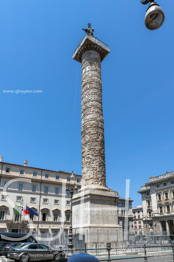 ROME, ITALY - JUNE 23, 2017: Amazing view of Marcus Aurelius Column in front of Palazzo Chigi in city of Rome, Italy