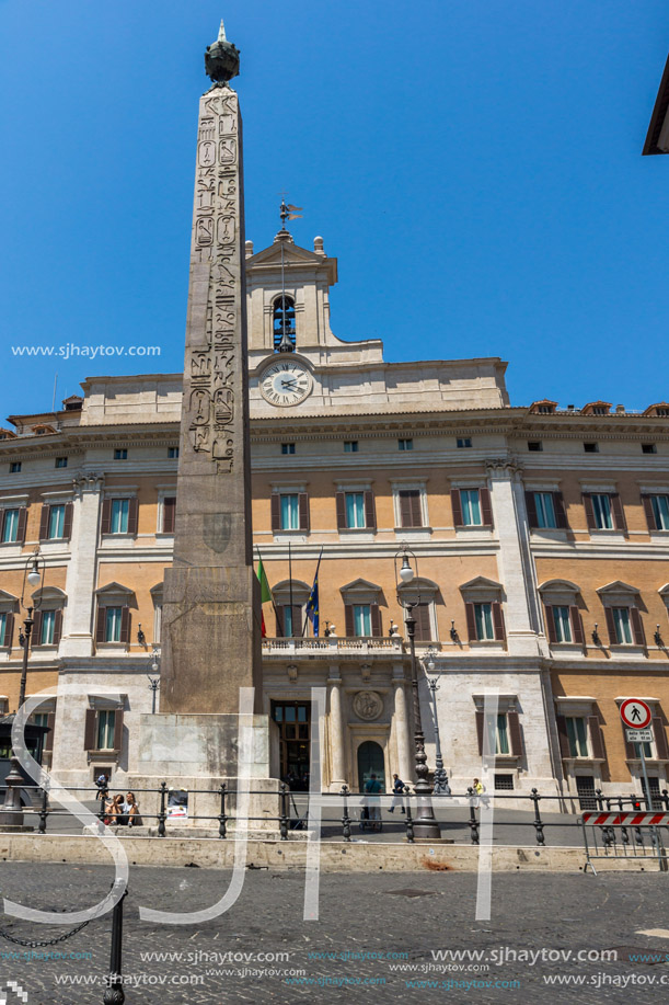 ROME, ITALY - JUNE 23, 2017: Amazing view Obelisk of Montecitorio and Palazzo Montecitorio in city of Rome, Italy