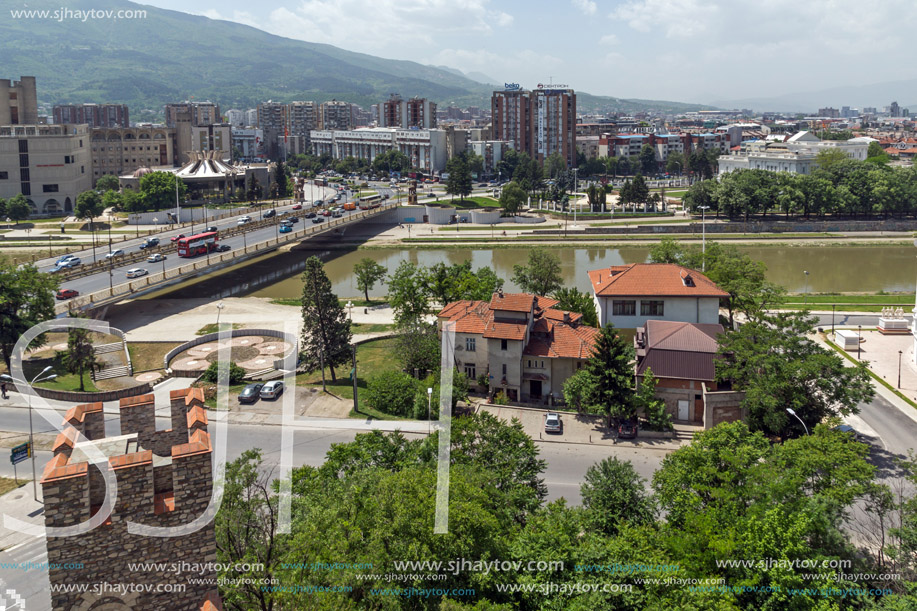 SKOPJE, REPUBLIC OF MACEDONIA - 13 MAY 2017: Panorama to city of Skopje from fortress (Kale fortress) in the Old Town, Republic of Macedonia