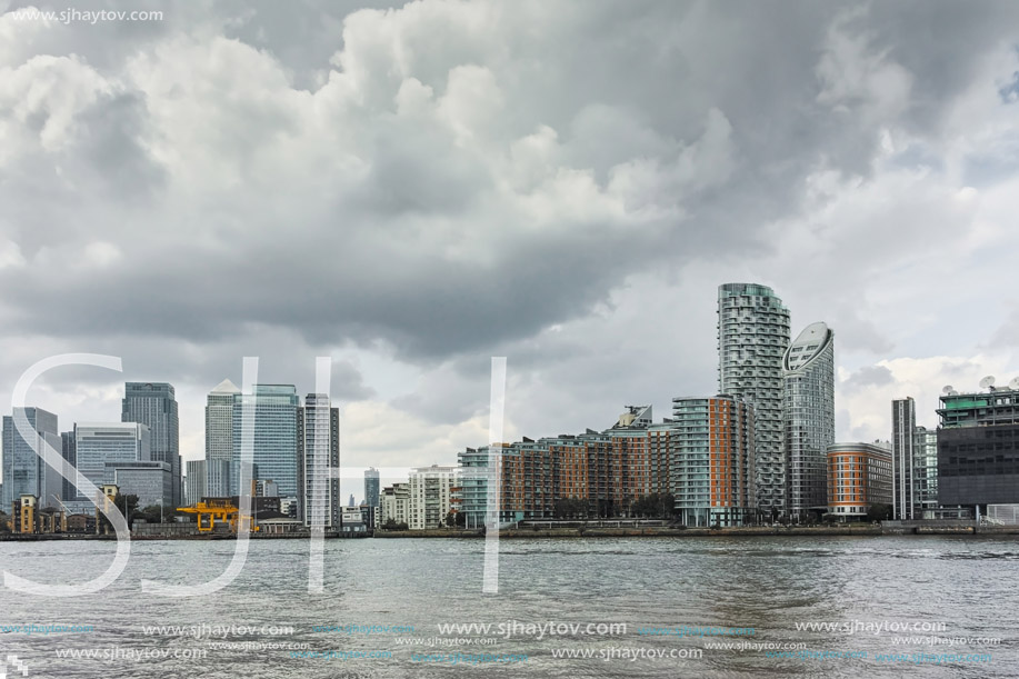 LONDON, ENGLAND - JUNE 17 2016: Business building and skyscraper in Canary Wharf, London, England, Great Britain