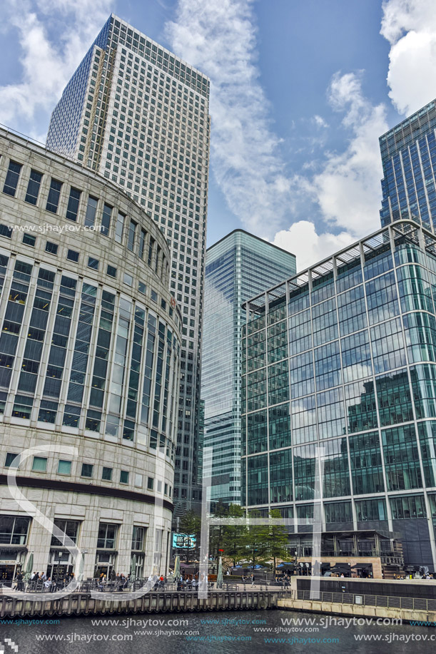 LONDON, ENGLAND - JUNE 17 2016: Business building and skyscraper in Canary Wharf, London, England, Great Britain