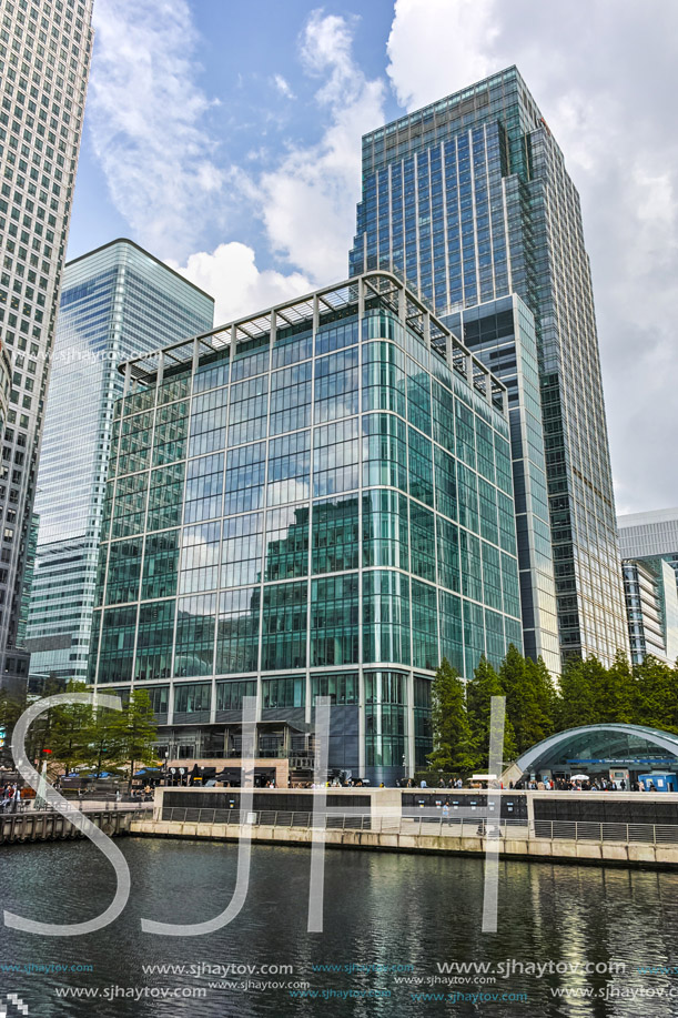 LONDON, ENGLAND - JUNE 17 2016: Business building and skyscraper in Canary Wharf, London, England, Great Britain