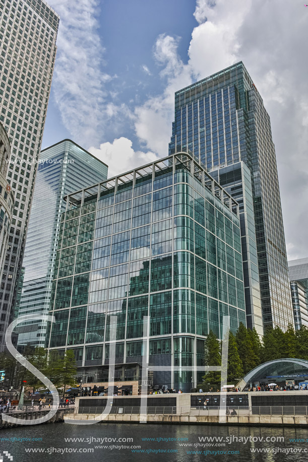 LONDON, ENGLAND - JUNE 17 2016: Business building and skyscraper in Canary Wharf, London, England, Great Britain