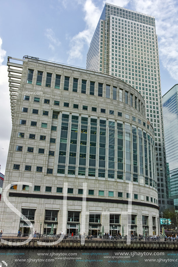 LONDON, ENGLAND - JUNE 17 2016: Business building and skyscraper in Canary Wharf, London, England, Great Britain