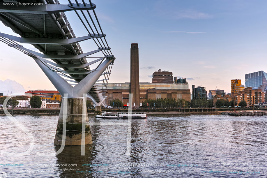 LONDON, ENGLAND - JUNE 17, 2016: Amazing sunset Cityscape from Millennium Bridge and Thames River, London, Great Britain