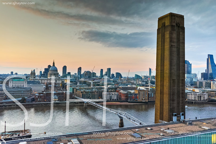 LONDON, ENGLAND - JUNE 18, 2016: Amazing Sunset panorama from Tate modern Gallery to city of London, England, Great Britain