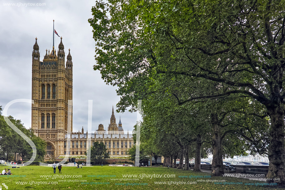 LONDON, ENGLAND - JUNE 19 2016: Victoria Tower in Houses of Parliament, Palace of Westminster,  London, England, Great Britain