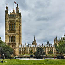 LONDON, ENGLAND - JUNE 19 2016: Victoria Tower in Houses of Parliament, Palace of Westminster,  London, England, Great Britain