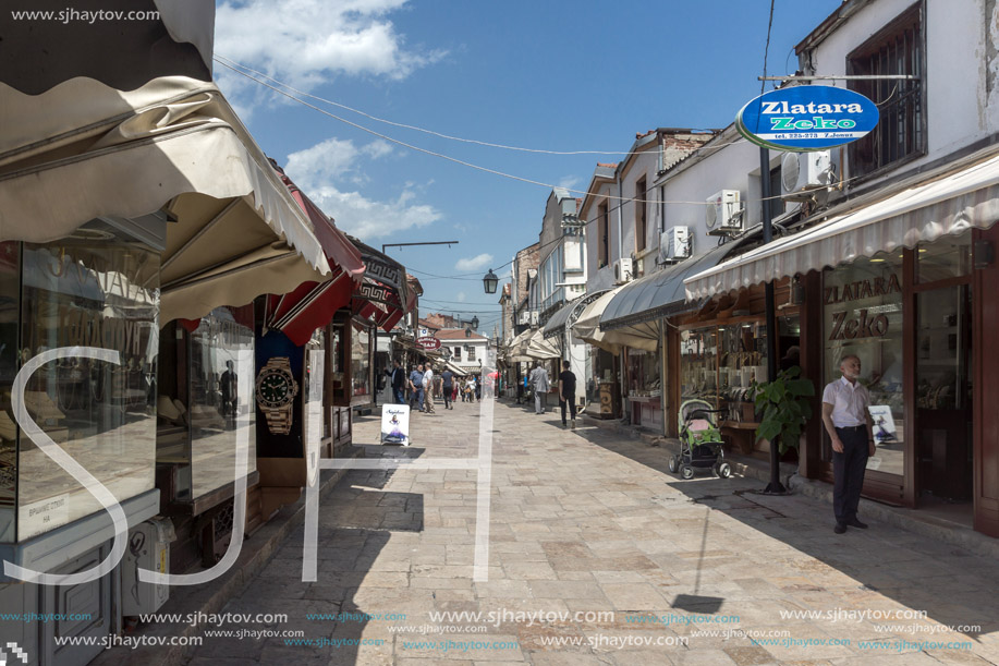 SKOPJE, REPUBLIC OF MACEDONIA - 13 MAY 2017: Typical street in old town of city of Skopje, Republic of Macedonia