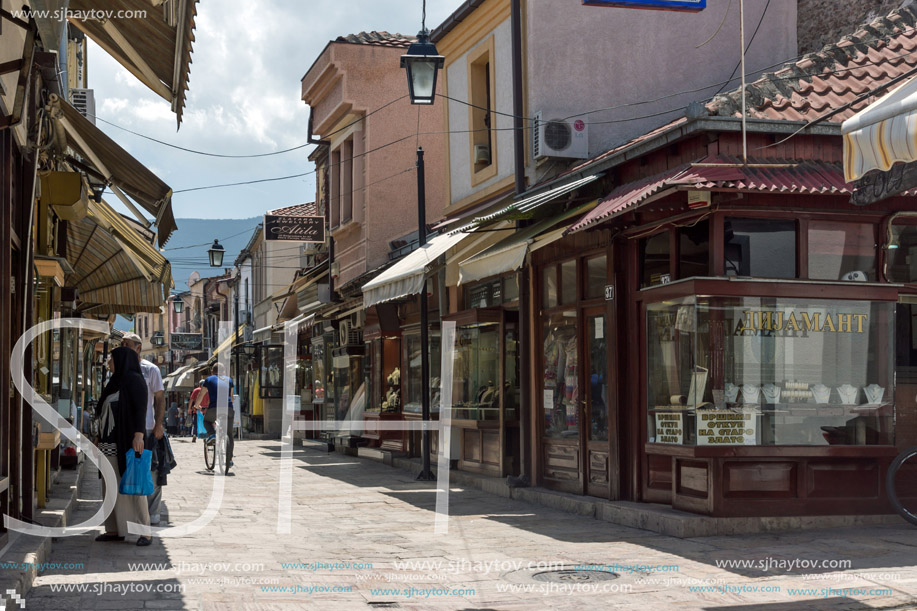 SKOPJE, REPUBLIC OF MACEDONIA - 13 MAY 2017: Typical street in old town of city of Skopje, Republic of Macedonia