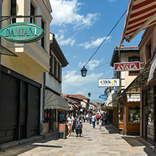 SKOPJE, REPUBLIC OF MACEDONIA - 13 MAY 2017: Typical street in old town of city of Skopje, Republic of Macedonia
