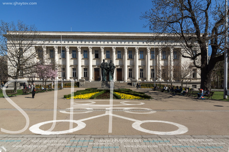 SOFIA, BULGARIA - APRIL 1, 2017: Spring view of National Library St. Cyril and St. Methodius in Sofia, Bulgaria